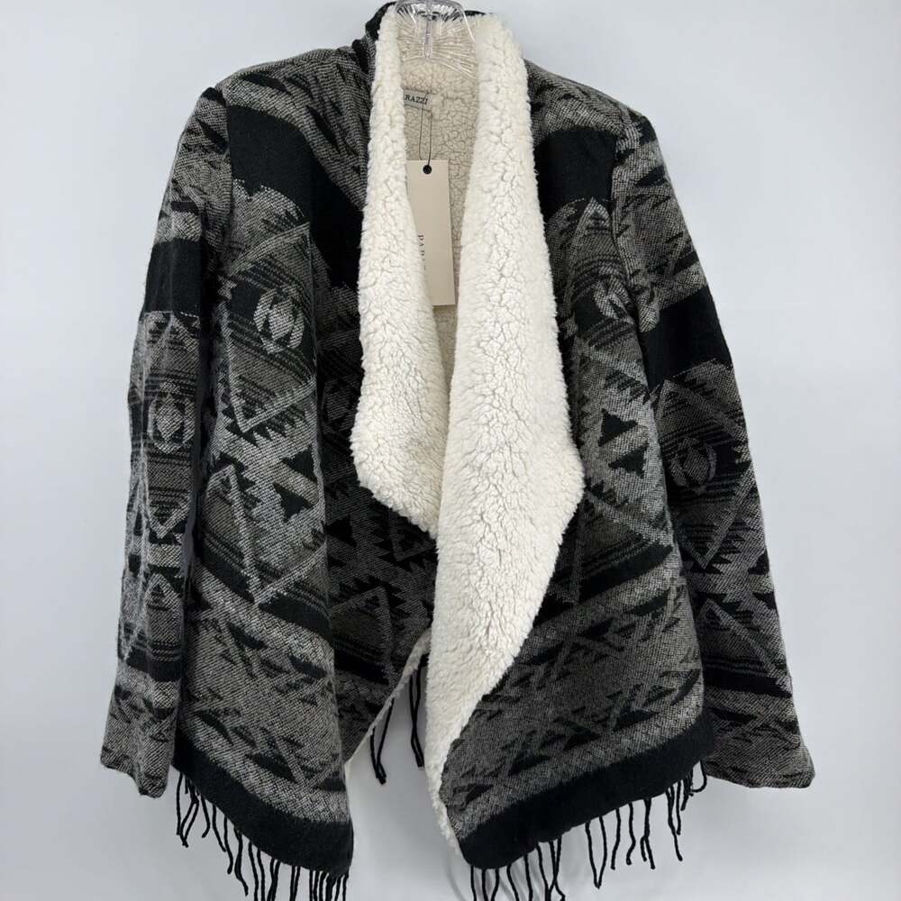 Aztec Paparazzi Fringed Sherpa Lined Cardigan Size Small Western Festival